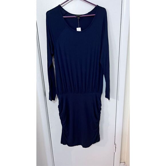 Banana Republic Women's Long Sleeve Ruched Midi Dress Navy Blue Size Large NWT - Picture 1 of 10